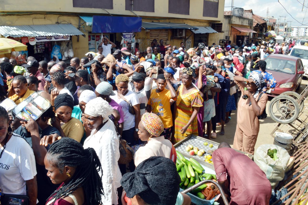 Some of the recipients of the palliative in Ikeja. Photo: Gbolahan Bakare